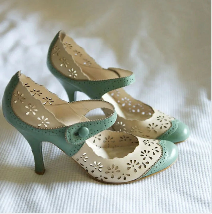 

Womens Retro Style Two Tone Cutout Ankle Strap High Heel Brogue Shoes Pumps