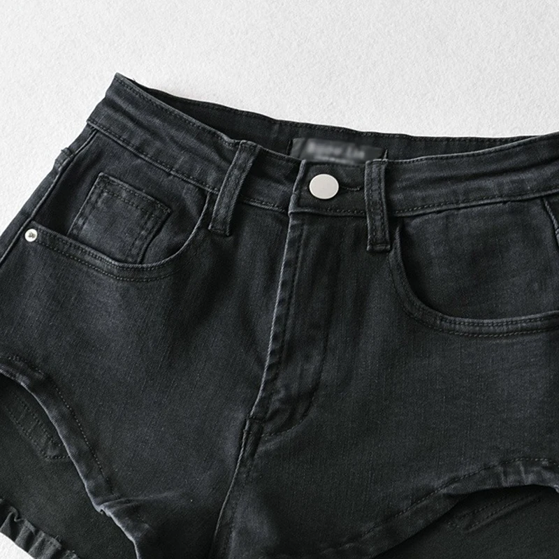 

CHICEVER Minimalist Irregular Blue Denim Short For Women High Waist Patchwork Pockets Casual Shorts Females Summer Fashion Style