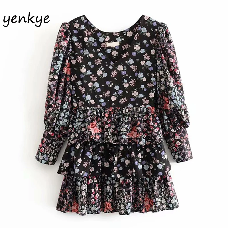 Женское винтажное платье с цветочным принтом длинным рукавом и V образным