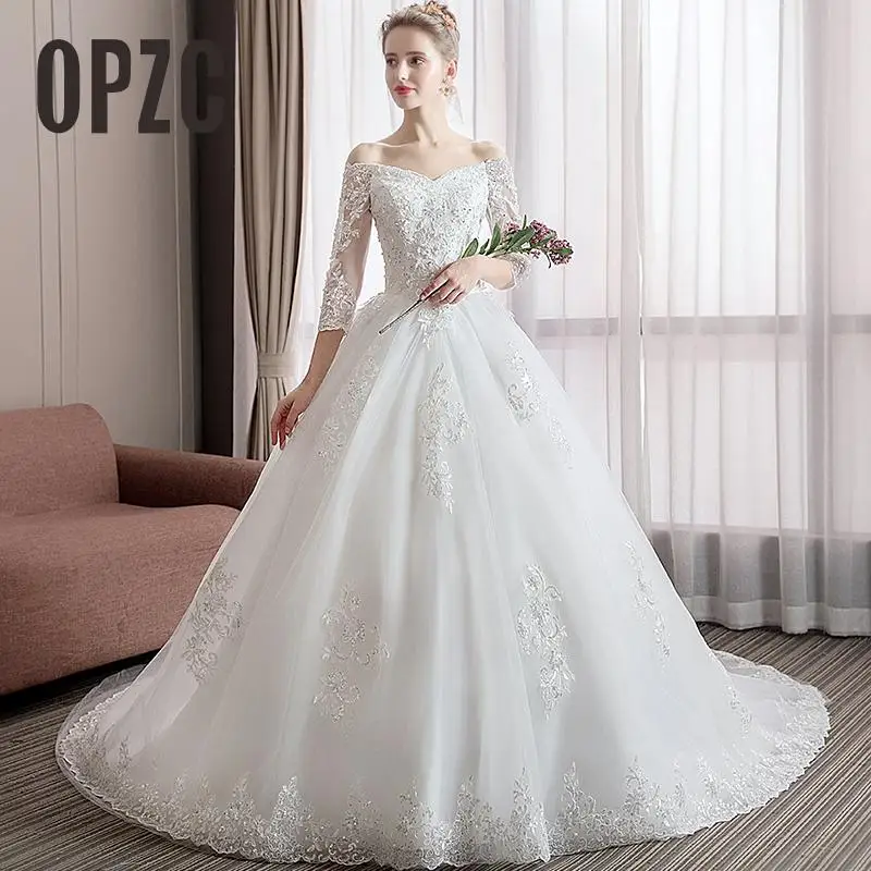 Женское свадебное платье со шлейфом 2020 см белое с открытыми плечами и V образным