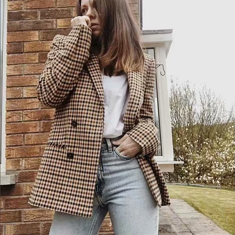 

Женский клетчатый Блейзер, двубортная куртка, пальто, свободная повседневная офисная винтажная одежда, английская верхняя одежда