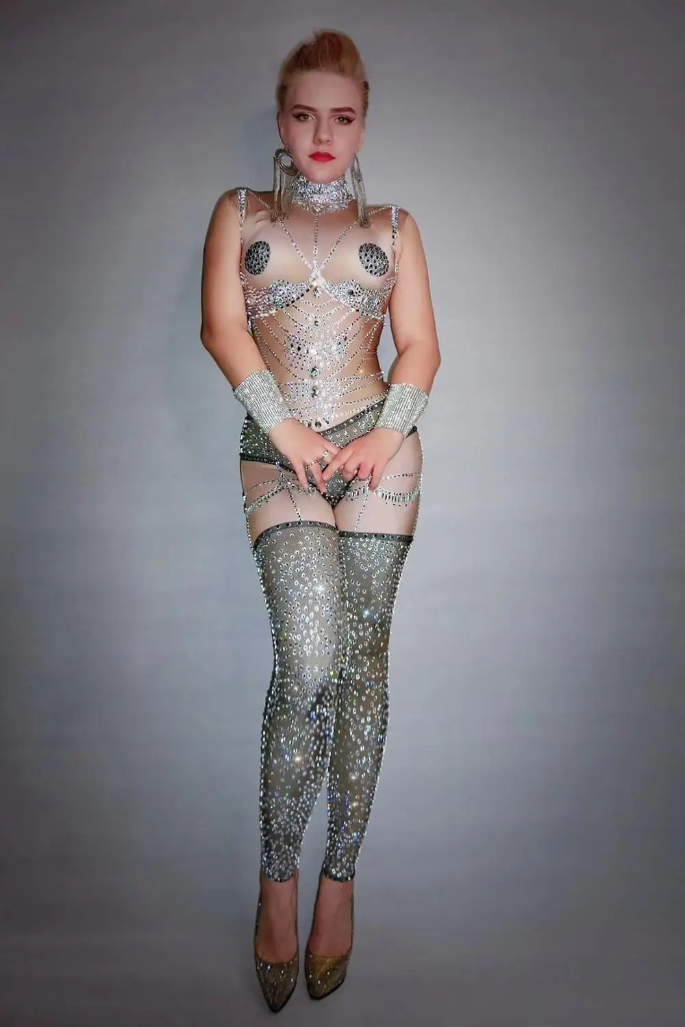Женский сексуальный комбинезон с бриллиантами облегающий наряд для ночного