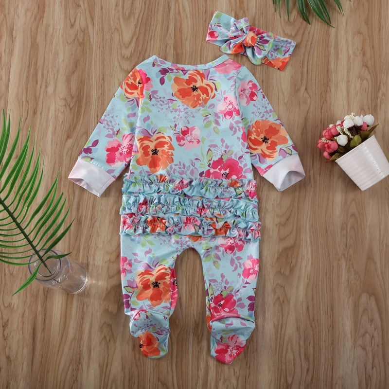

0-6M Children Clothing Baby Girls Round Neck Long Sleeve Lace One-Piece Romper+Headwear 2PCS Suit