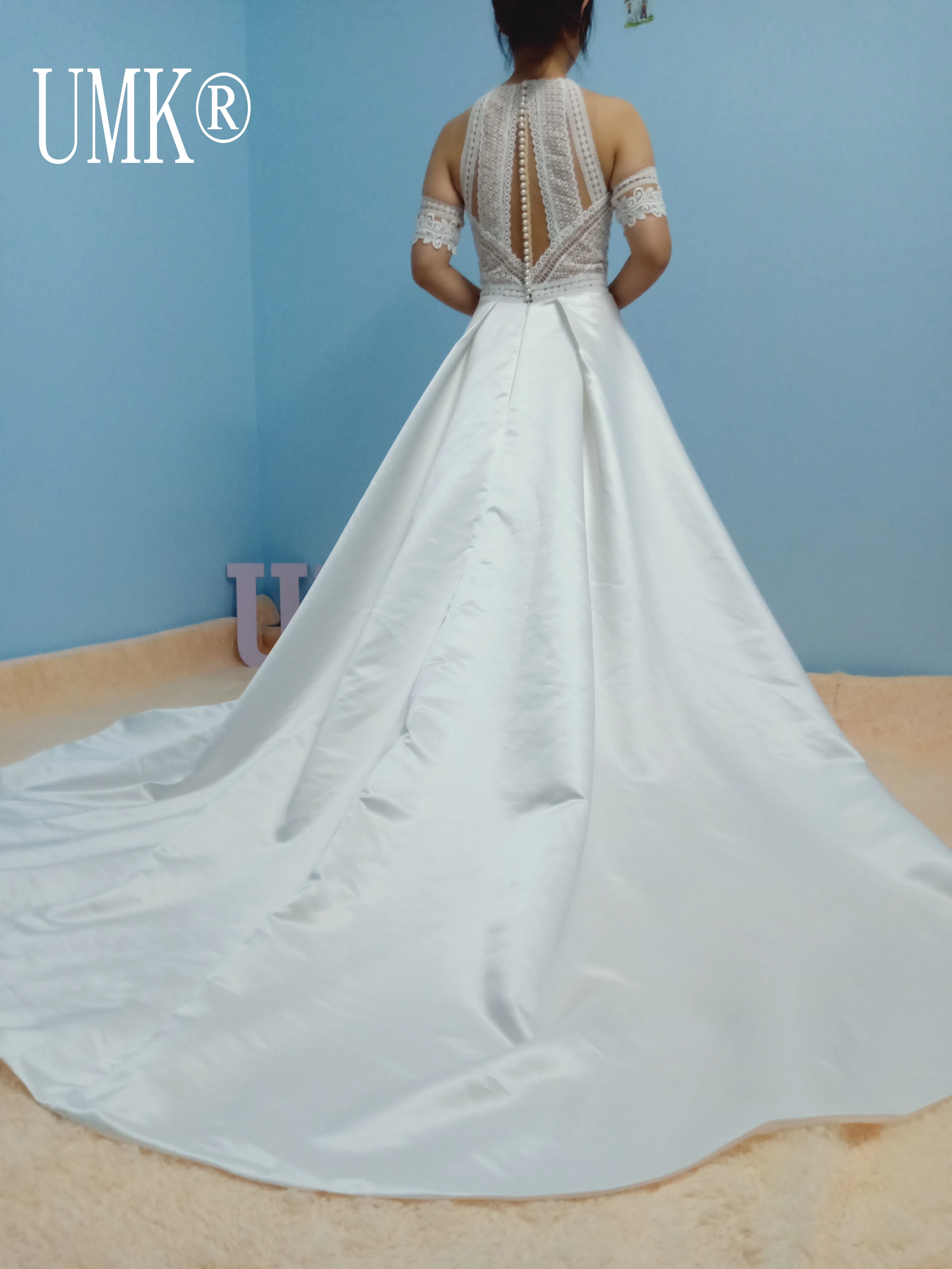 Атласное свадебное платье UMK в стиле бохо кружевное платье-трапеция со съемным