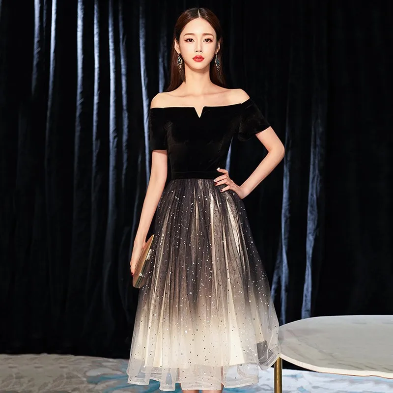 

Black-White Gradients Evening Party Dress Gown Star Sequins Pleated Cheongsam Velour-Mesh Patchwork Qipao Slash Neck Vestidos