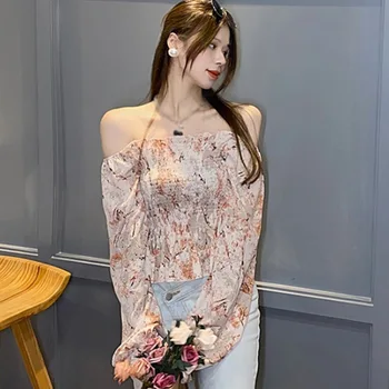 Women Blouses Korean Floral Folds Camisa Slim-Fit Long-Sleeved Chiffon Autumn Shirt Top 1