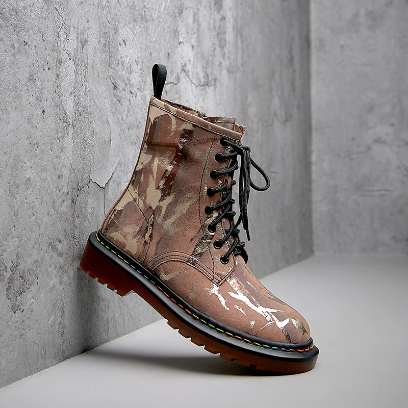 

Hjwsfdcai Women Motorcycle Boots British Wind Embossing Lace-Up Short Boots Stretch Slim Retro Fashion Platform Mujer Chaussures