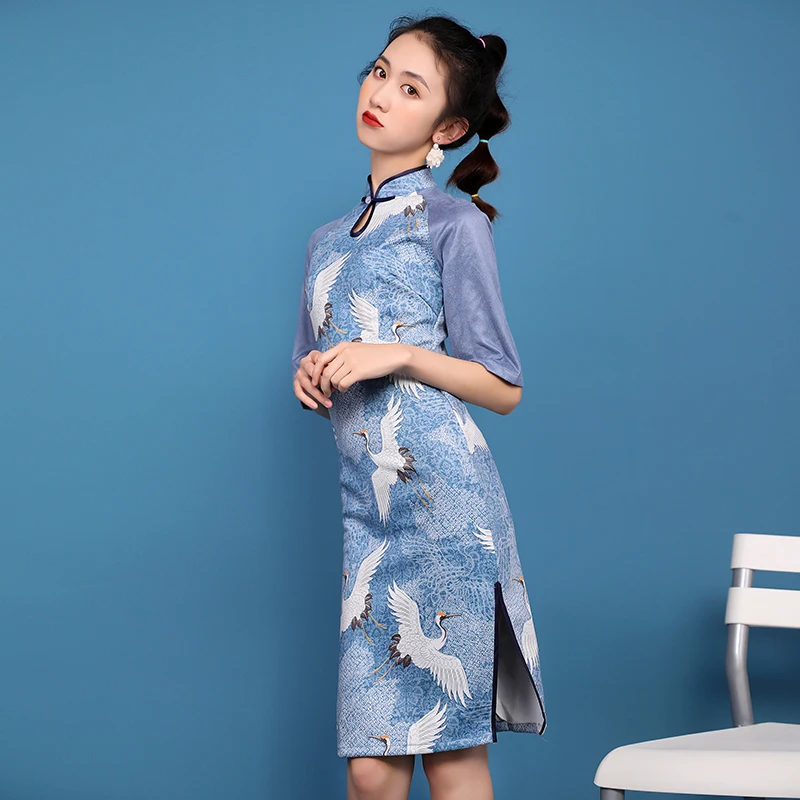 Винтажное платье Ципао с принтом женское традиционное китайское коротким