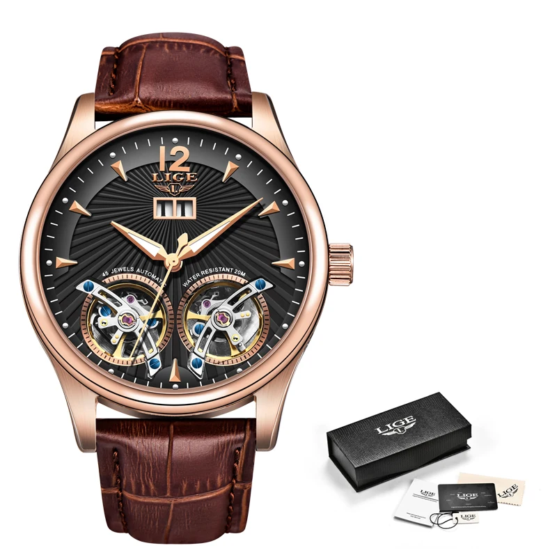 

2020 New LIGE Men Watches Luxury Leather Double Tourbillon Mechanical Watch Men Fashion Business Automatic Waterproof Watch 9997