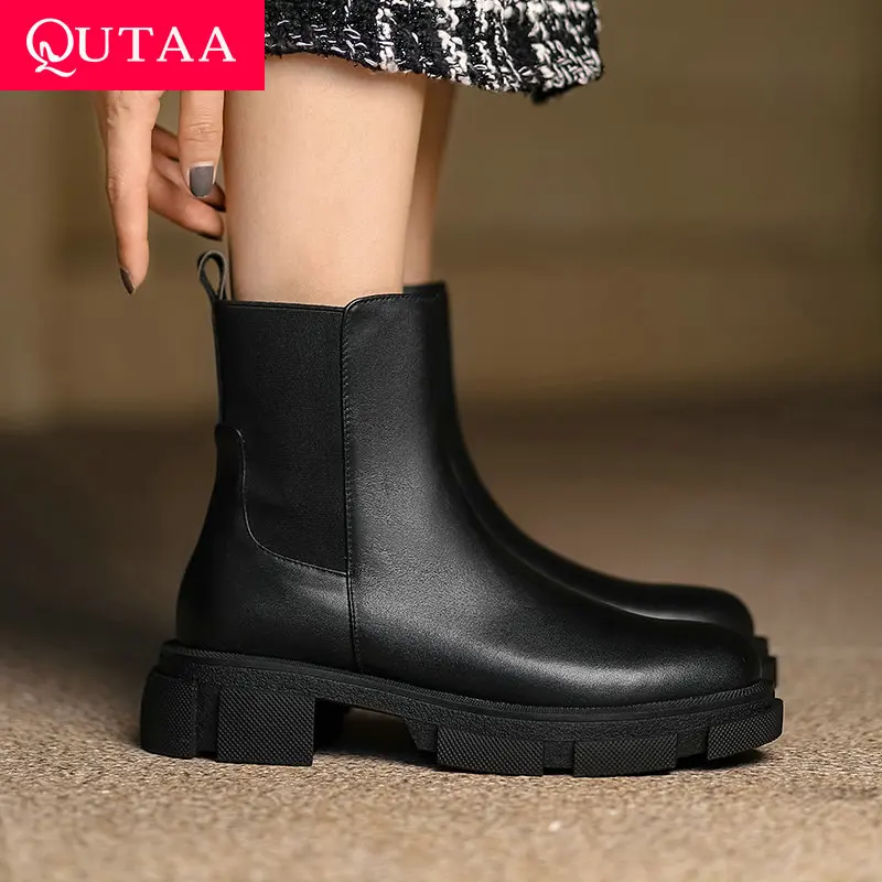 

QUTAA/2022 г. Женская обувь на среднем квадратном каблуке ботильоны на платформе без шнуровки универсальные полусапожки из натуральной кожи с к...