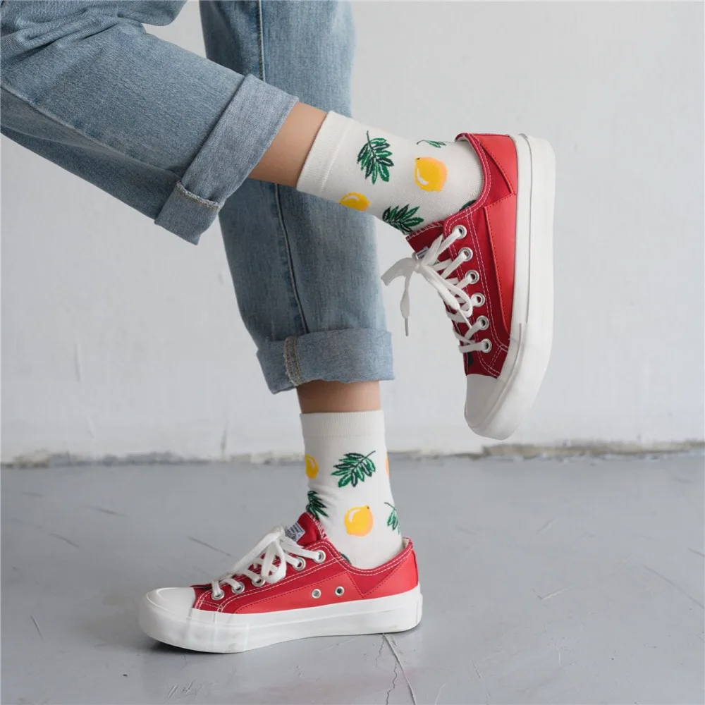 Korean Fresh Fruits Socks Lemon Avocado Pineapple Cherry Blueberry Orange Gardenias Banana Flamingos Plumerias