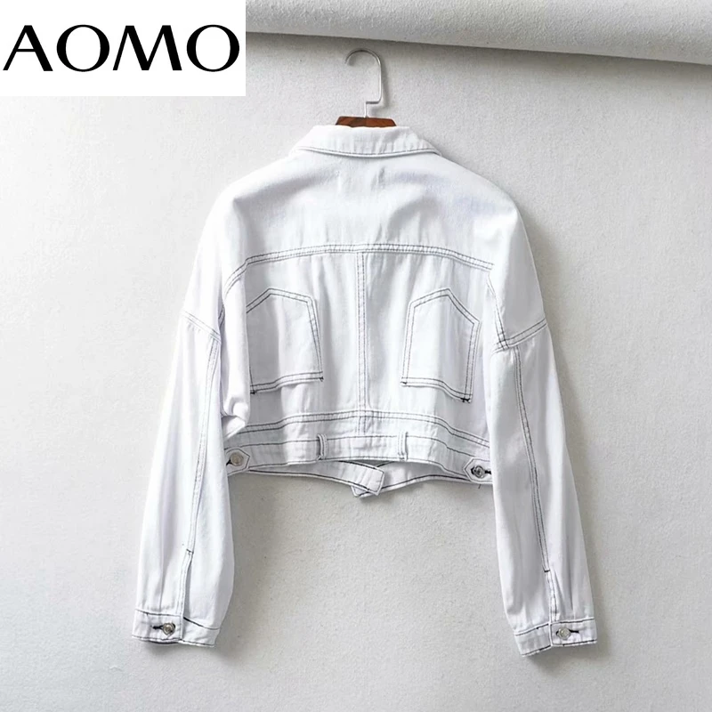 

AOMO Fashion Women White Denim Jeans Jackets 2021 Streetwear Pocket Casual Pockets Coat Ladies Short Style Tops NA04A