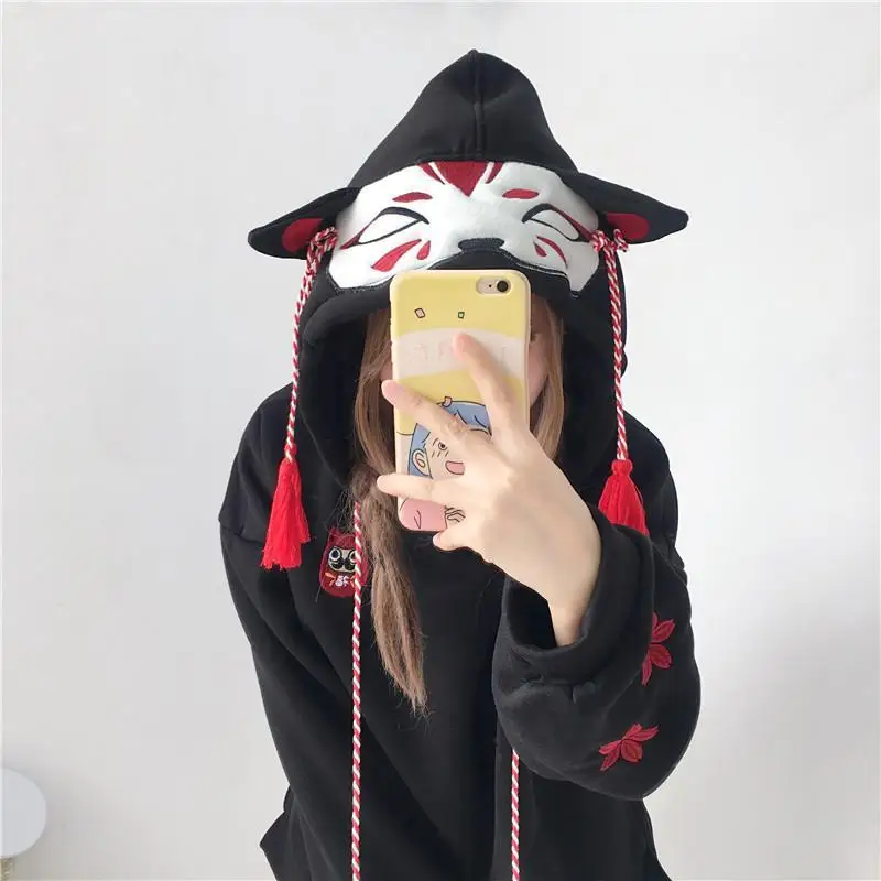 

Японская Милая уличная мода, женские толстовки Harajuku Kawaii Fox Ear с капюшоном, свитшот с вышивкой Сакура, бархатный пуловер, топы