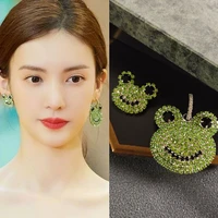 s925 silver needle earrings personality net red star with the same green diamond frog asymmetric earrings new female