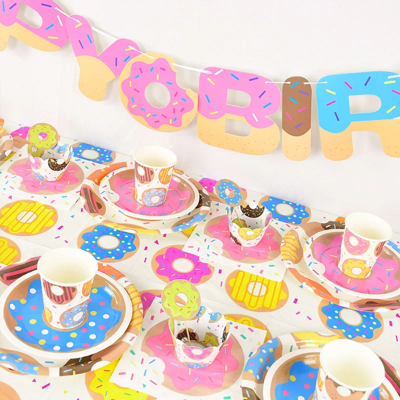 

Donuts Party Disposable Tableware Paper Plates Cup Napkins Tablecloth Cake Topper Birthday Party Decoration Boy Girl Baby Shower
