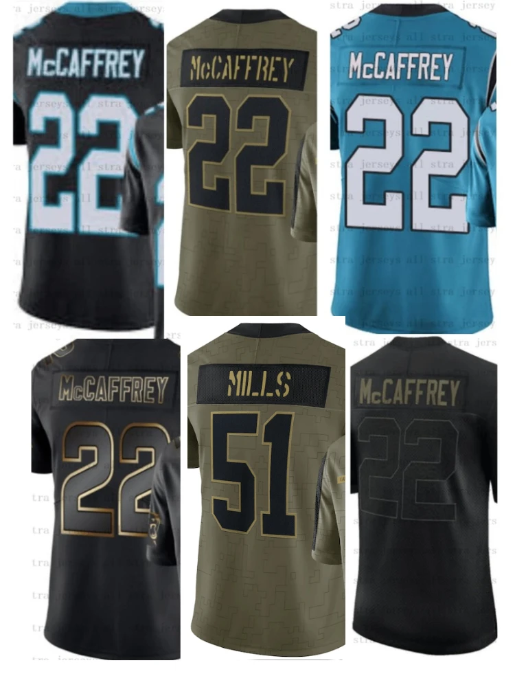 

22 Christian McCaffrey 51 Sam Mills American Football Jerseys 2021 Salute Men's Black Football T-Shirt Futbol Americano jersey