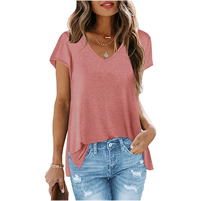 

Summer Solid Color V-neck Short Sleeve Hem Split T-shirt Women Retro Simple Tops Office Lady Temperament Commuting Tee Camiseta