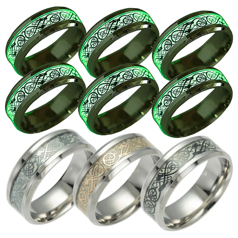 

Luminous Plated Couple Ring Dark Stainless Steel Golden Dragon Inlay Green Background Fashion Women Men Fluorescent Glowing Ring