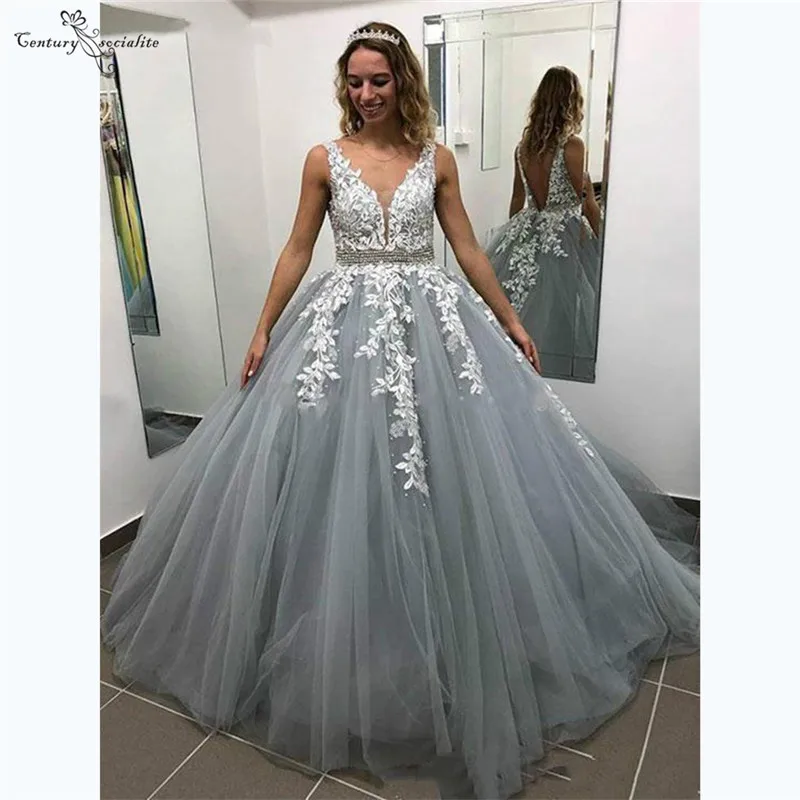 Gray Long Prom Dresses Lace Appliques Pearls V-Neck Backless Sweep Train Evening Dress Formal Party Gowns Robe De Soiree 2020 | Свадьбы и