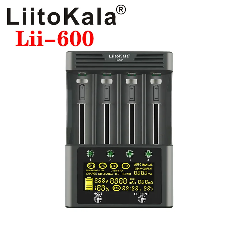 

LiitoKala lii 600 Battery Charger 18650 3.7V/1.2V AA/AAA 26650 16340 14500 10440 18500 with LCD Screen+12V5A Adapter+Car Charger