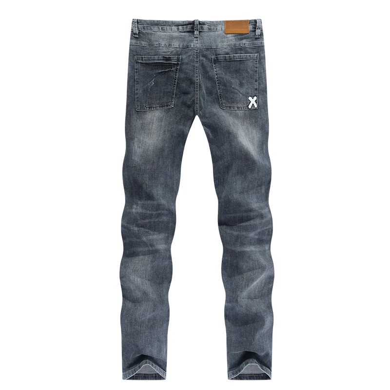Рваные джинсы для мужчин серые эластичные уличные облегающие ультратонкие