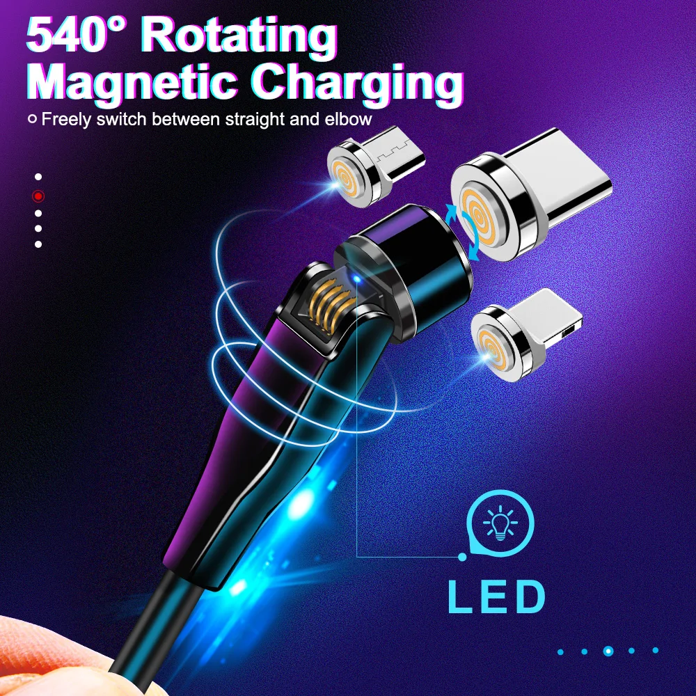 Elough 540 Rotate Magnetic Cable 3A Micro USB Type C Fast Magnetic charger Charging Cable for iPhone 11 Xr Samsung Huawei Xiaomi