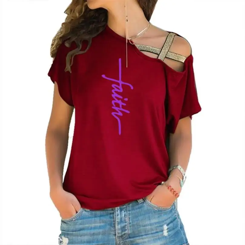 

2020 New Fashion Cross Bandage Faith Letters Print T-Shirt For Women T-Shirt Female Women Graphic Tees