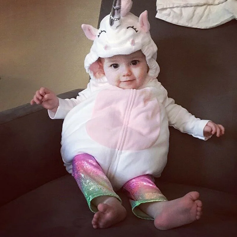 Cute Unicorn Baby Girl Clothes White Pink Long Sleeve Cotton Hoodies Zipper Romper Tops Costume Jumpsuit Outfits Clothes
