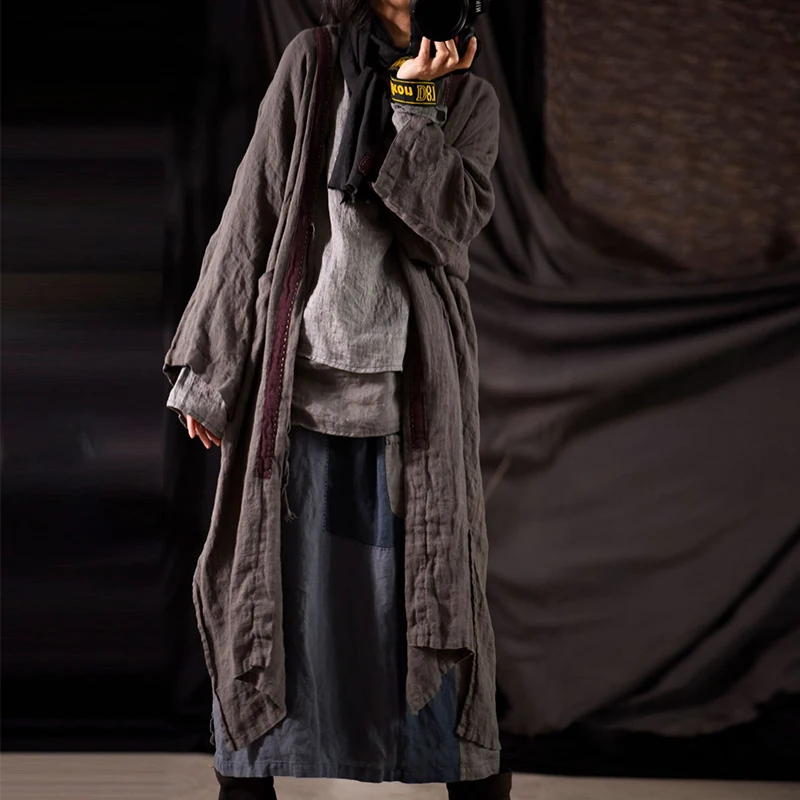 

Linen Vintage Patchwork Trench Loose Windbreaker 2021 Spring New Retro Pockets Women Solid Color Long Coat