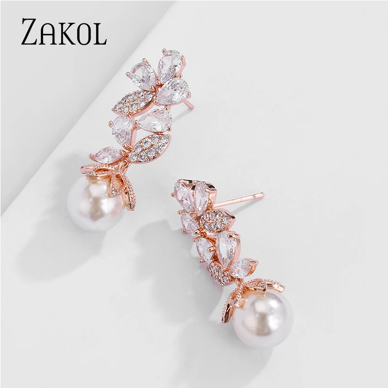 ZAKOL новые дизайнерские серьги в форме листа с кубическим цирконием и жемчугом для