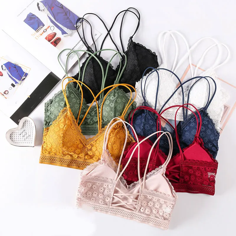 

2020 Women Lace Bra Sexy Padded Bralette Seamless Backless Vest V Neck Spaghetti Strap Lingerie Lace Push Up Underwear Intimates