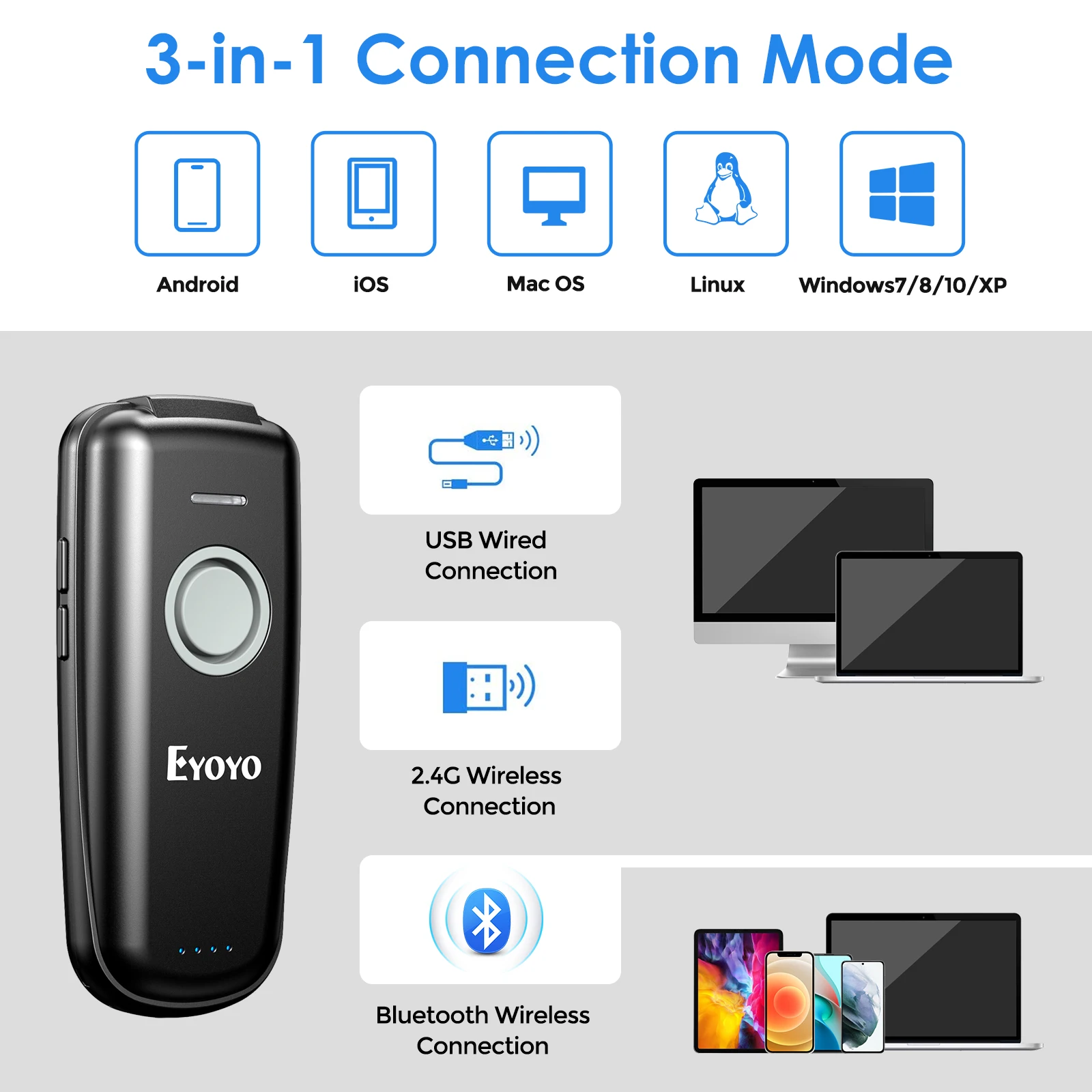 Мини-сканер штрих-кода Eyoyo Bluetooth и 2 4 ГГц беспроводное проводное подключение