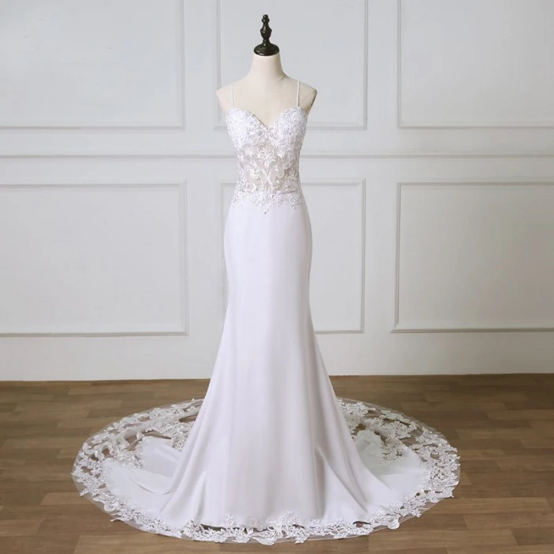 

#9297 Elegant Spaghetti straps Sheath Sweetheart Plain Satin Lace Sleeveless Bridal Dress Backless Women Wedding Gown