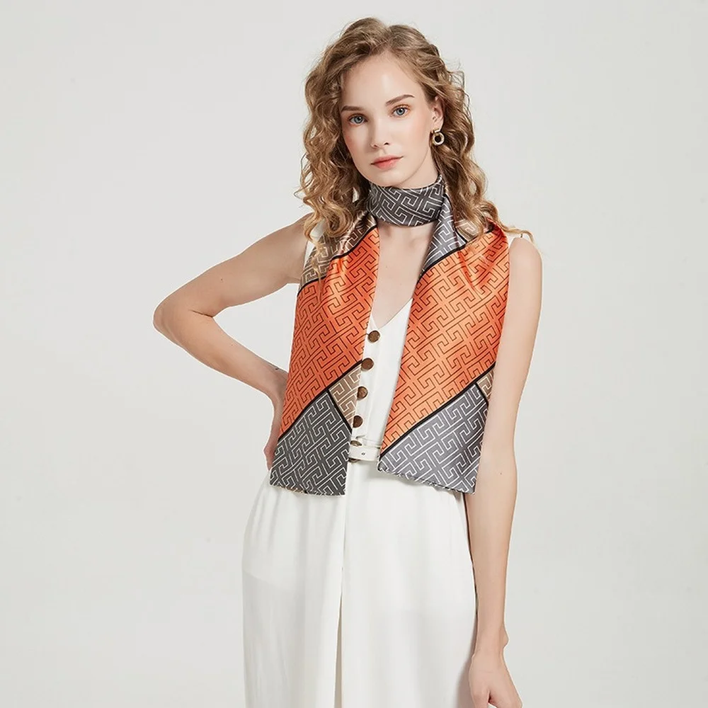 

Длинный шелковый шарф с геометрическим принтом, ленты Женская Косынка, элегантные модные женские шарфы