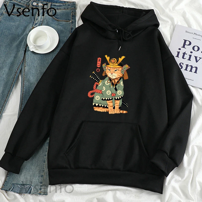 

Neko Samurai Hoodies Sweatshirts Harajuku Pullover Sweatshirt Female Funny Cat Printed Women's Clothing Winter Harajuku Clothes