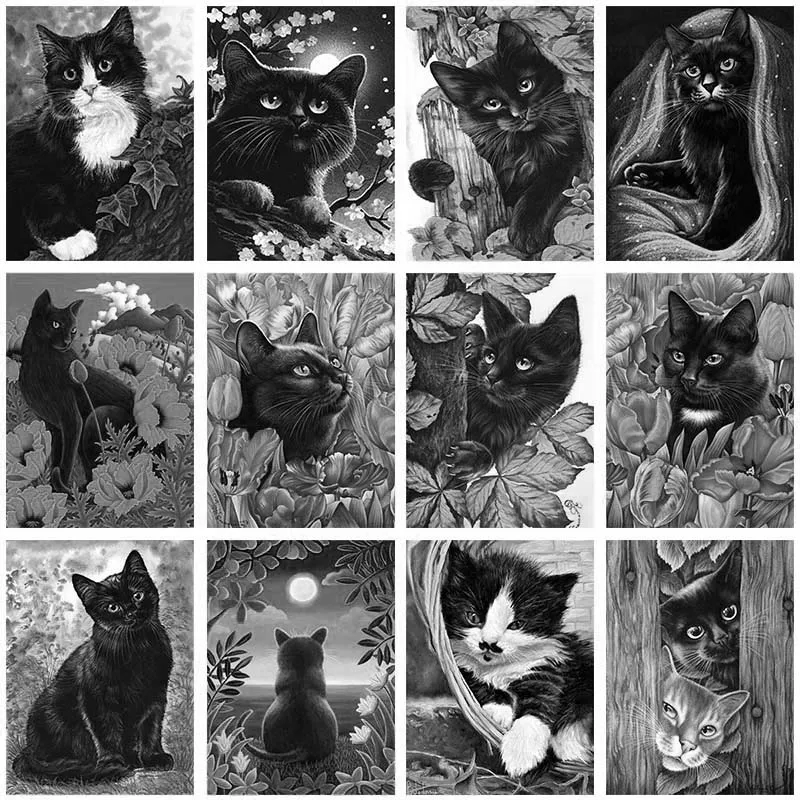 

Black White Cat DIY Diamond Painting Cross Stitch Full Mosaic Drill Animal Diamond Embroidery Home Wall Decor Gift