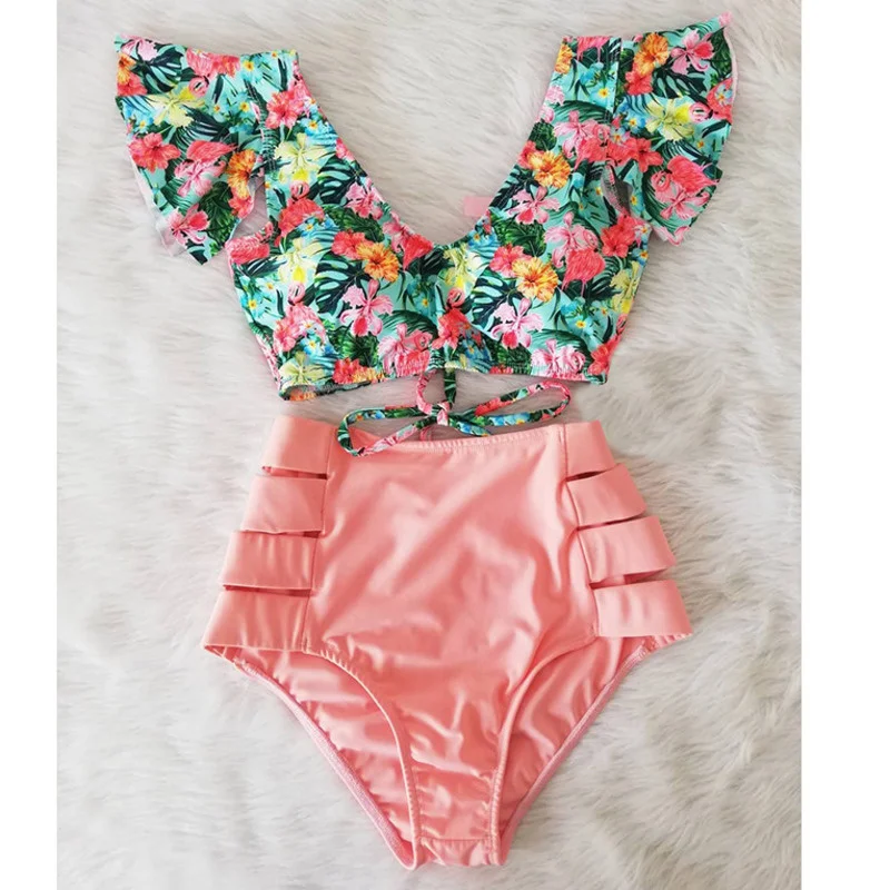 

Women's Swimsuit 2021 New Fashion High Waist Hollow Out Sexy V Neck Ruffles Floral Swimwear Beach Bikini Set Bathing Suit