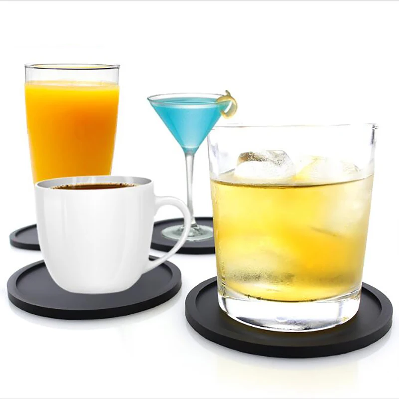 

Round Thick Silicone Coaster Round Soft Non-Slip Sleek And Durable Easy To Clean Multicolor Simple Black Drink Coasters Set