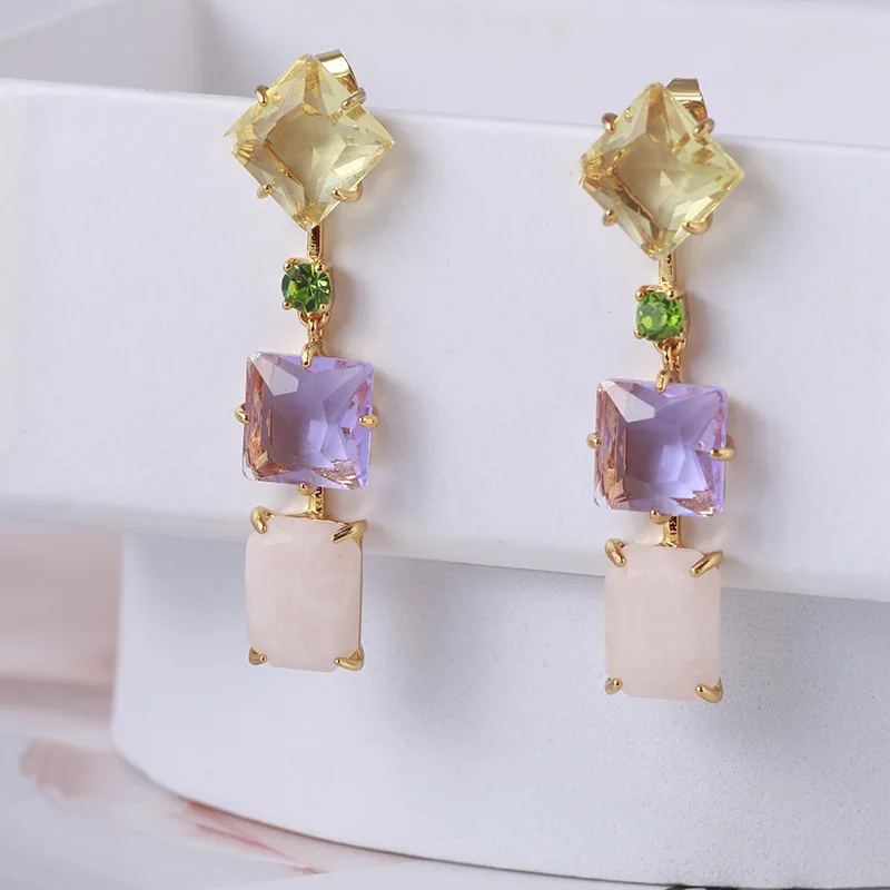 

Geometric square inlaid colorful translucent crystal earrings
