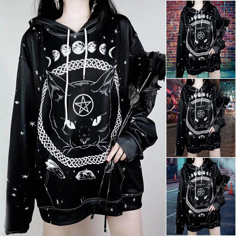 Худи женское длинное с капюшоном и принтом в виде кота|Женские толстовки