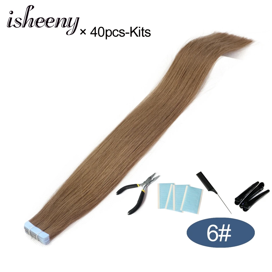 Isheeny 1" 18" 2" 22" 2" лента в Пряди человеческих волос для наращивания Прямой Реми на клей Невидимый PU выдвижение утка 14 цветов Выберите - Цвет: 6-40pcs