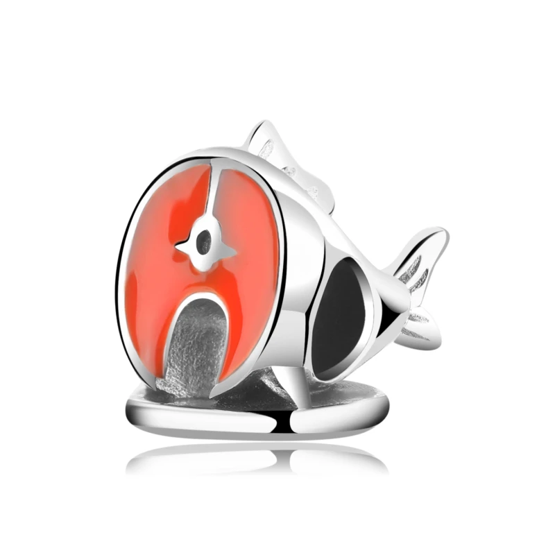 

925 Sterling Silver Food Charms I Love Salmon Sashimi Dish Enamel Beads Fit Original AIE DIY Charms Bracelet Jewelry Making