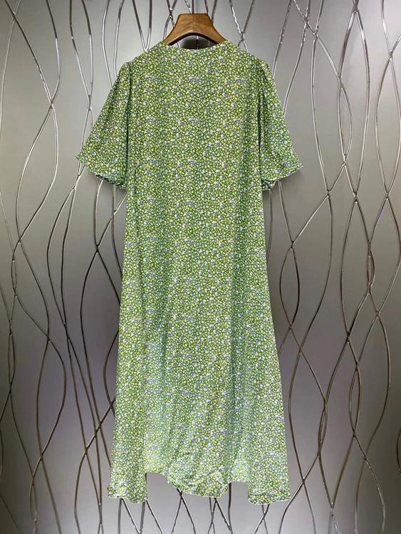

2021 new women fashion short-sleeved V-neck waist knotted decorative floral loose dress 507