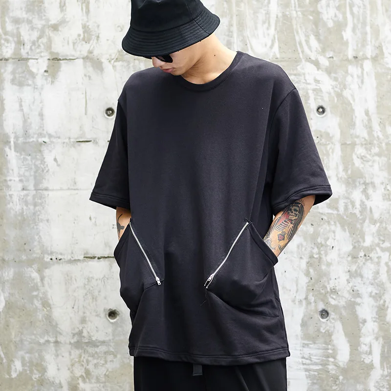 

Men's Short Sleeve T-Shirt Summer New Personality Large Pocket Zipper Decoration Fashion Casual Loose Half Sleeve T-Shirt