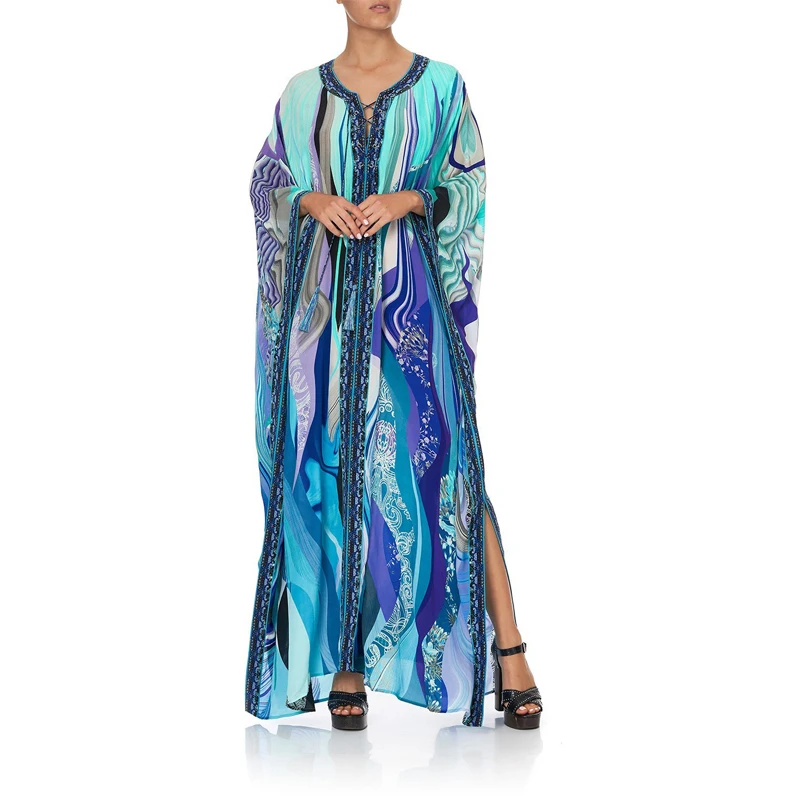 Женское кимоно Кафтан Макси платья с сетчатым принтом Blakc синее свободное бикини