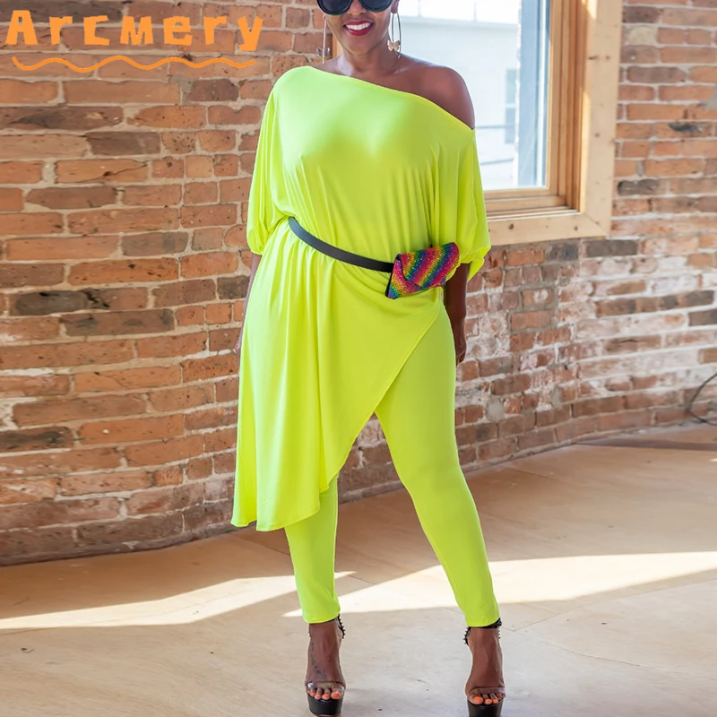 

2 Pieces Pants Sets Women Long Sleeve Asymmetrical Hem Top T-shirt & Pants