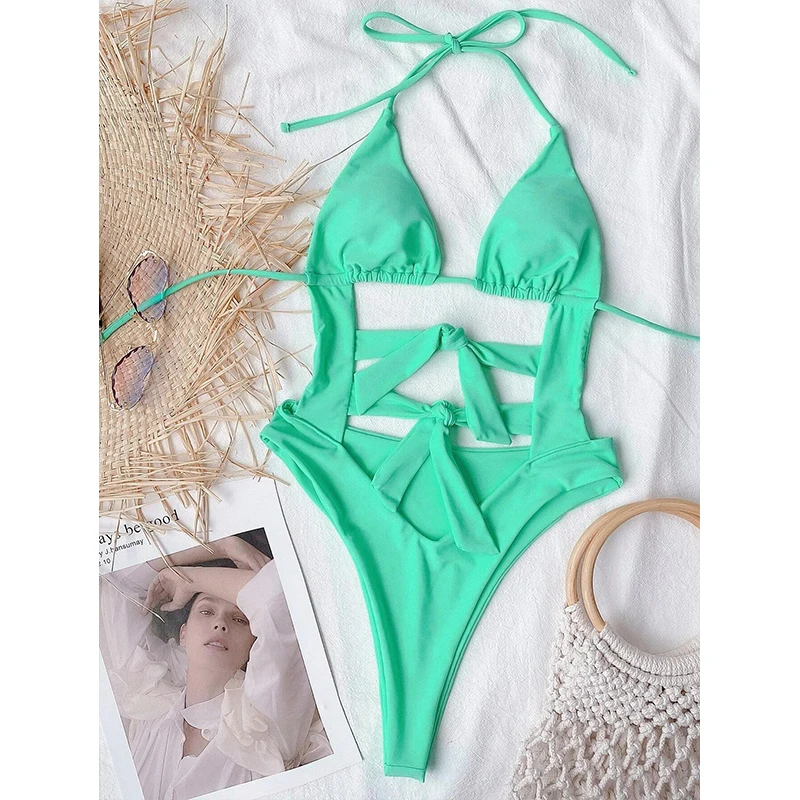 Слитный зеленый купальник In-X сексуальный с вырезами женские купальники