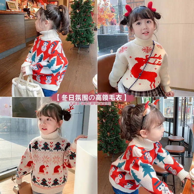 

Baby Girls Turtleneck Sweater Children's Winter Cute Christmas Novelty Warm Jumper Kids Clothing Child Knit Pullover 2021 New