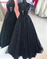 sexy v neck sequined black long a line beaded prom dresses elegant women sleeveless vestidos de fiesta formal party evening gown