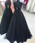 Платье женское длинное с блестками и V-образным вырезом, пикантное элегантное вечернее платье-трапеция без рукавов, с бусинами, черное Формальное вечернее платье